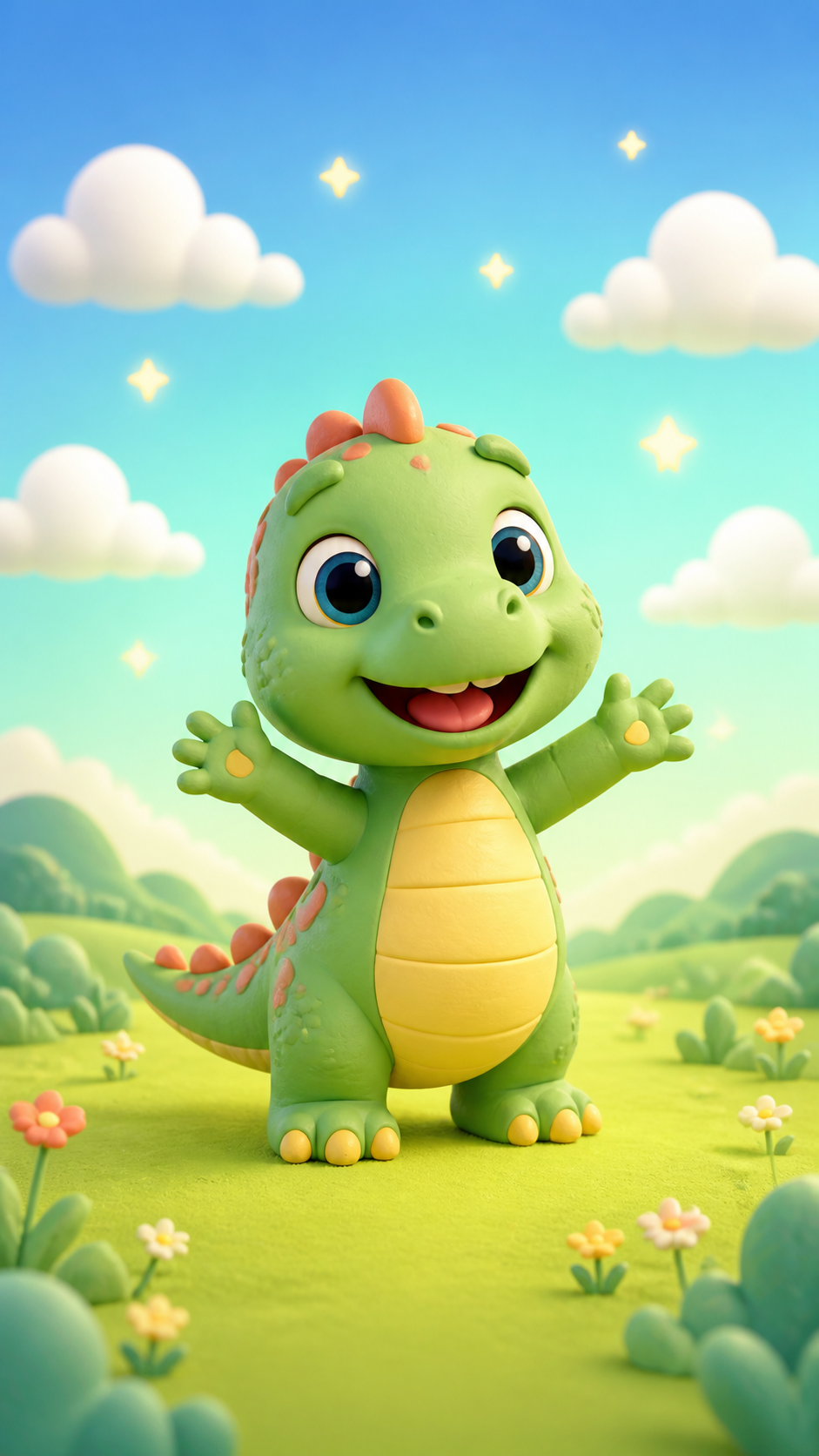 Adu, a friendly baby dinosaur, waving hello